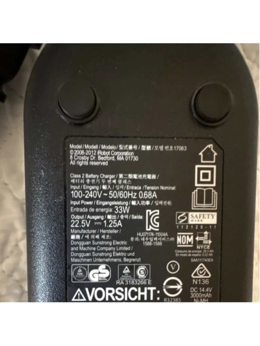 iRobot AC/DC Adapter 22.5V Black 5 ft Cable Barrel Model 17063 SUN-U-131006